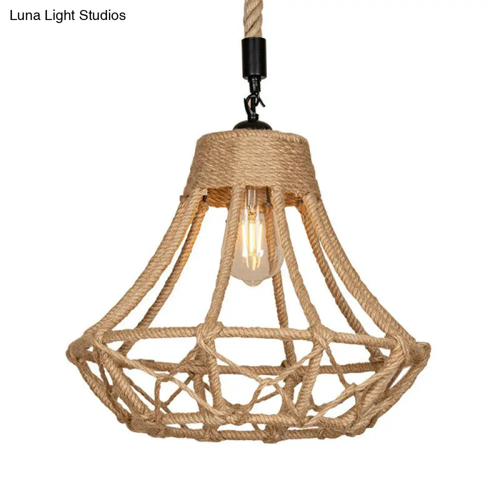Lodge Diamond Pendant Ceiling Light In Brown - 1 Bulb Hemp Hanging For Cafes