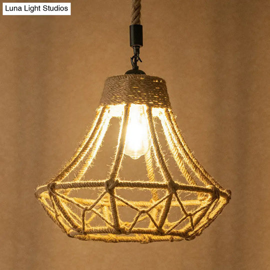 Lodge Diamond Pendant Ceiling Light In Brown - 1 Bulb Hemp Hanging For Cafes