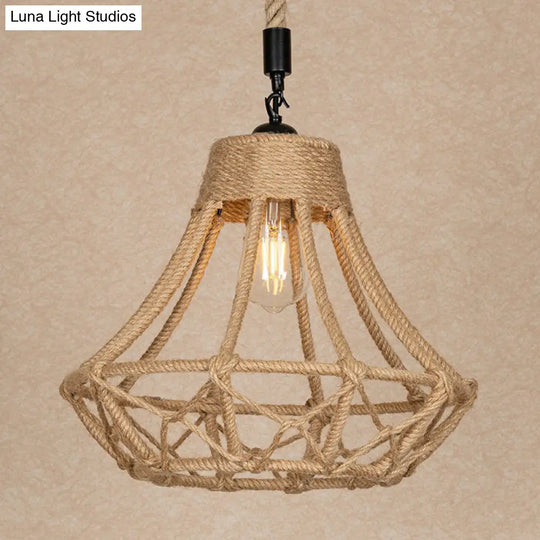 Lodge Diamond Pendant Ceiling Light In Brown - 1 Bulb Hemp Hanging For Cafes