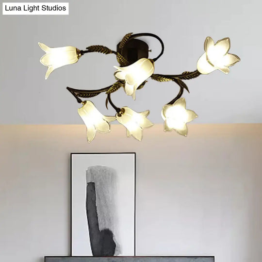 Lodge Flower Semi Flush Mount Ceiling Light - 6-Light White/Yellow/Purple Glass Lamp For Bedroom