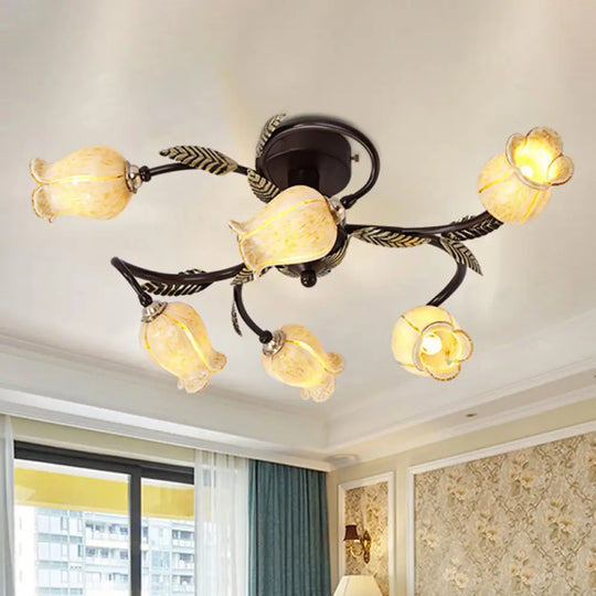 Lodge Flower Semi Flush Mount Ceiling Light - 6 - Light White/Yellow/Purple Glass Lamp For Bedroom