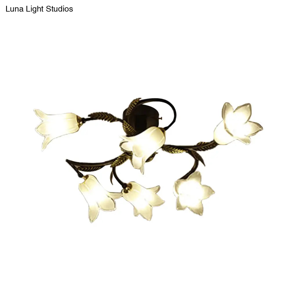 Lodge Flower Semi Flush Mount Ceiling Light - 6 - Light White/Yellow/Purple Glass Lamp For Bedroom