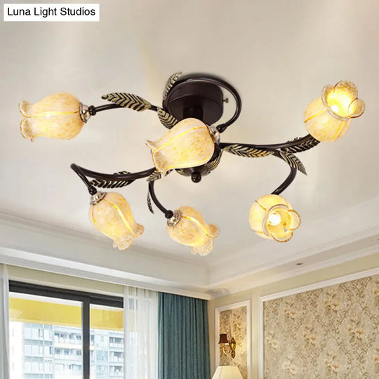 Lodge Flower Semi Flush Mount Ceiling Light - 6-Light White/Yellow/Purple Glass Lamp For Bedroom