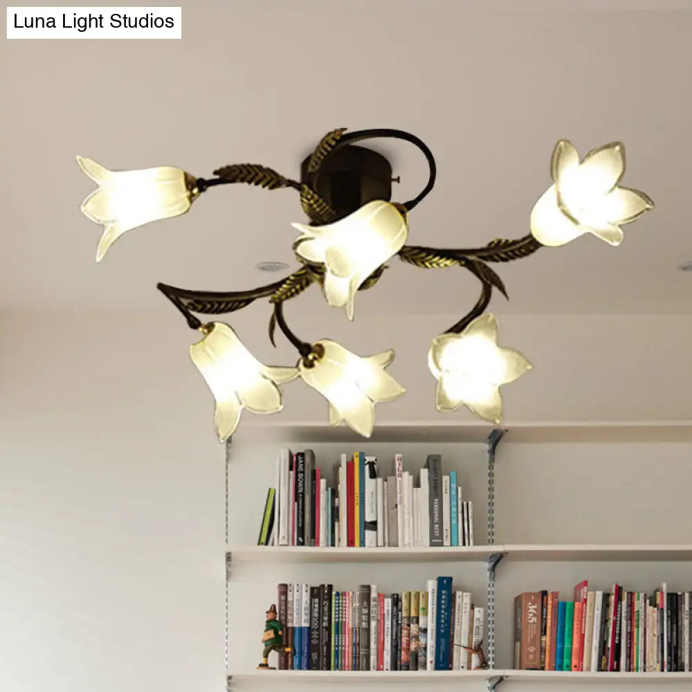 Lodge Flower Semi Flush Mount Ceiling Light - 6-Light White/Yellow/Purple Glass Lamp For Bedroom