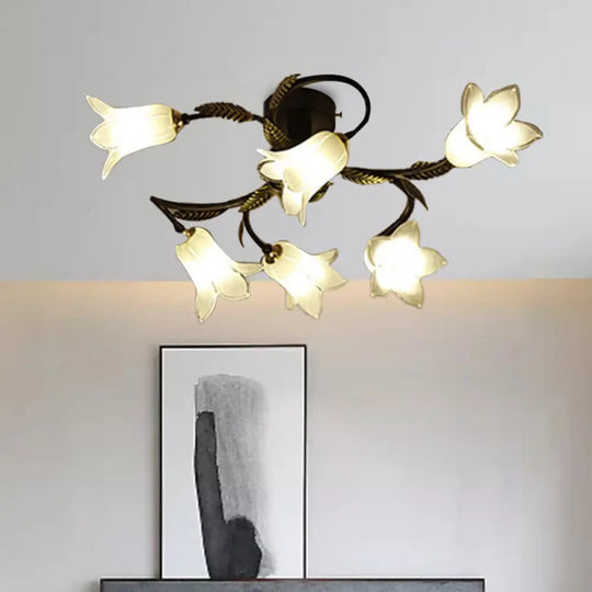 Lodge Flower Semi Flush Mount Ceiling Light - 6 - Light White/Yellow/Purple Glass Lamp For Bedroom