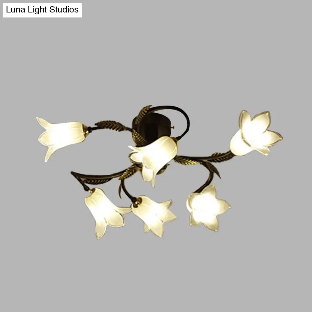 Lodge Flower Semi Flush Mount Ceiling Light - 6-Light White/Yellow/Purple Glass Lamp For Bedroom