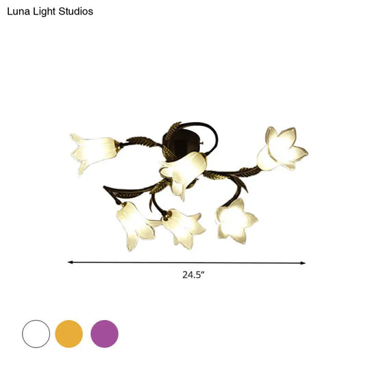 Lodge Flower Semi Flush Mount Ceiling Light - 6-Light White/Yellow/Purple Glass Lamp For Bedroom