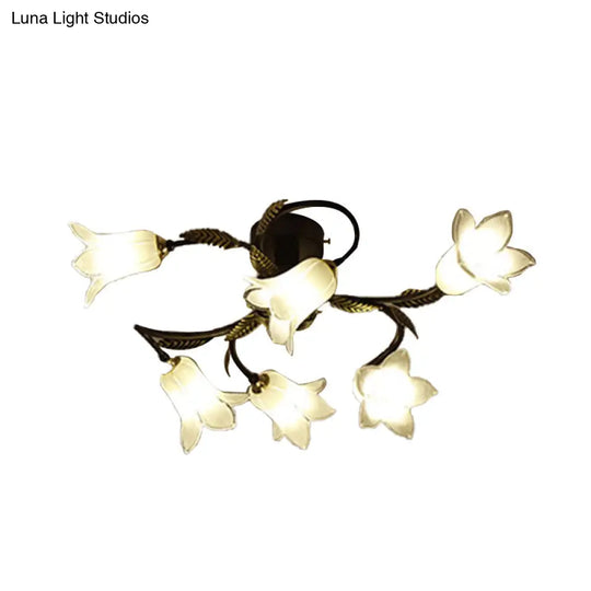 Lodge Flower Semi Flush Mount Ceiling Light - 6-Light White/Yellow/Purple Glass Lamp For Bedroom