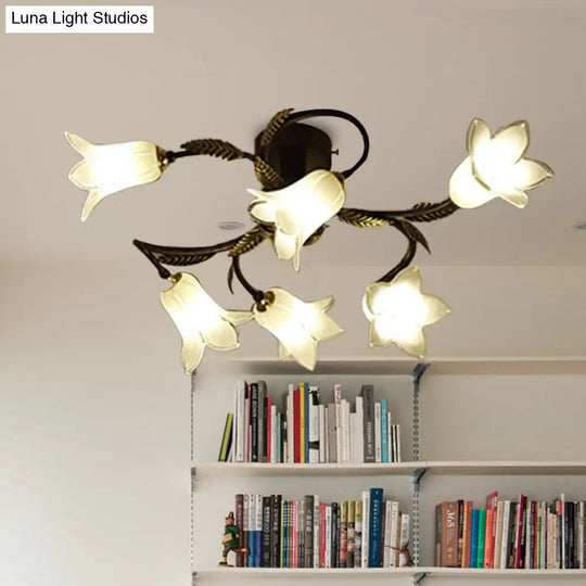 Lodge Flower Semi Flush Mount Ceiling Light - 6 - Light White/Yellow/Purple Glass Lamp For Bedroom