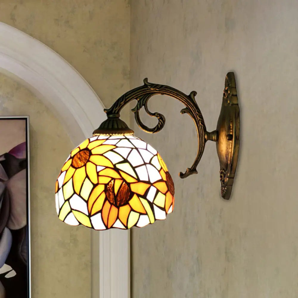 Lodge Flower Wall Sconce With Curved Arm - Stylish Mini Lighting For Living Room Yellow