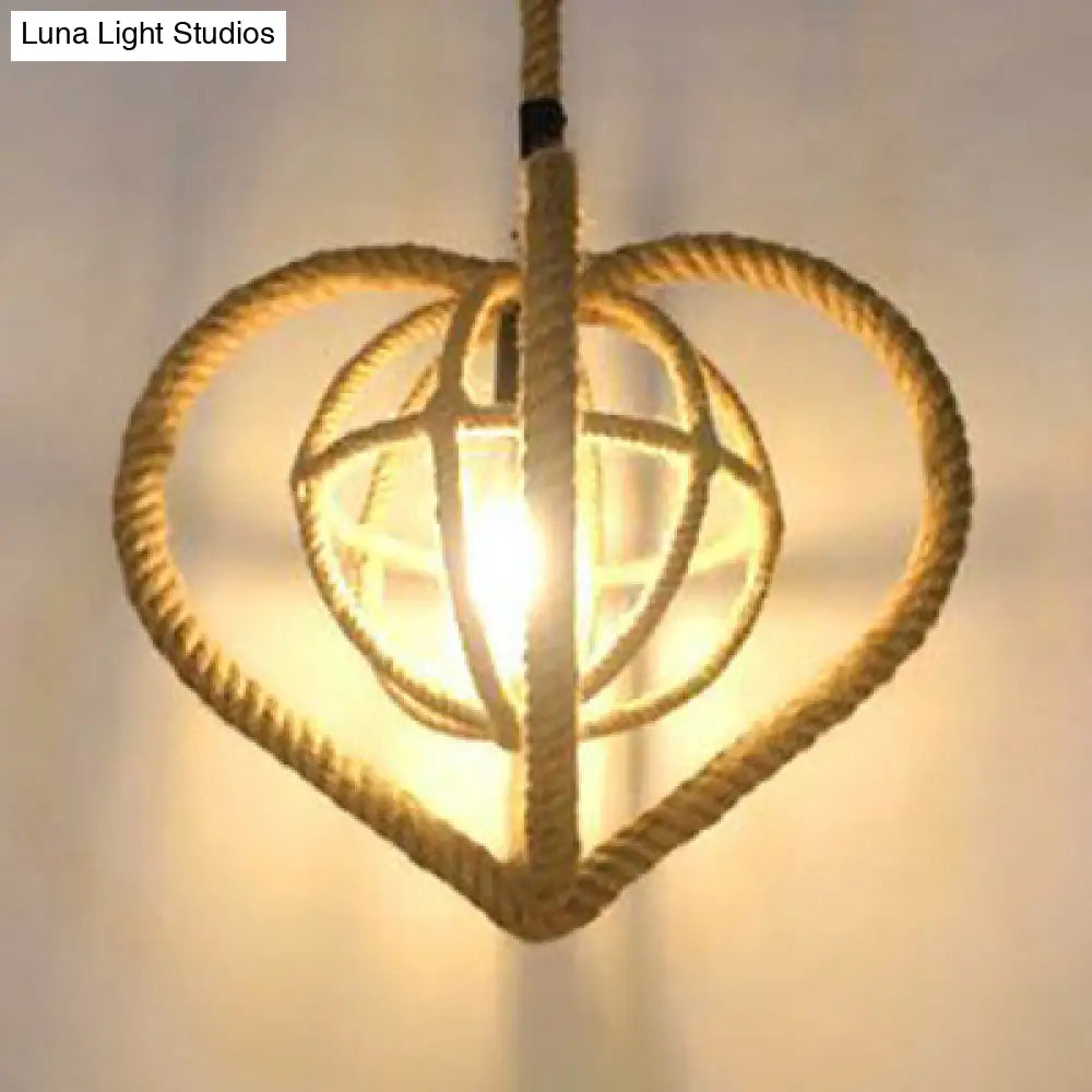 Lodge Heart Pendant Light With Inner Globe Shade - Brown 1 Head Manila Rope Hanging Lighting