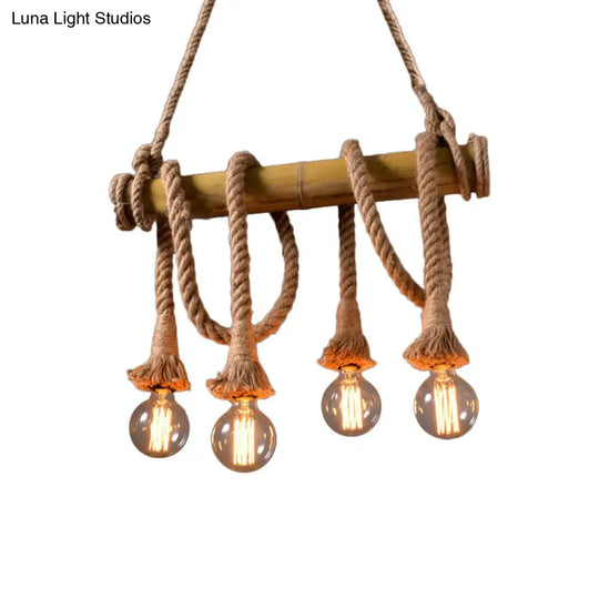 Lodge Industrial Beige Island Light With Adjustable Rope And Bamboo - 3/4 Lights Open Bulb