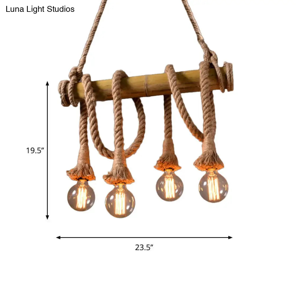 Lodge Industrial Beige Island Light With Adjustable Rope And Bamboo - 3/4 Lights Open Bulb