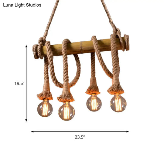 Lodge Industrial Beige Island Light With Adjustable Rope And Bamboo - 3/4 Lights Open Bulb