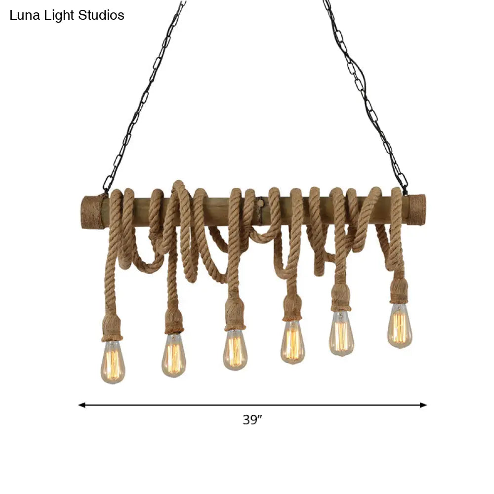 Lodge Industrial Beige Island Light With Adjustable Rope And Bamboo - 3/4 Lights Open Bulb