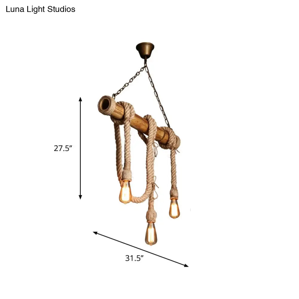 Lodge Industrial Beige Island Light With Adjustable Rope And Bamboo - 3/4 Lights Open Bulb