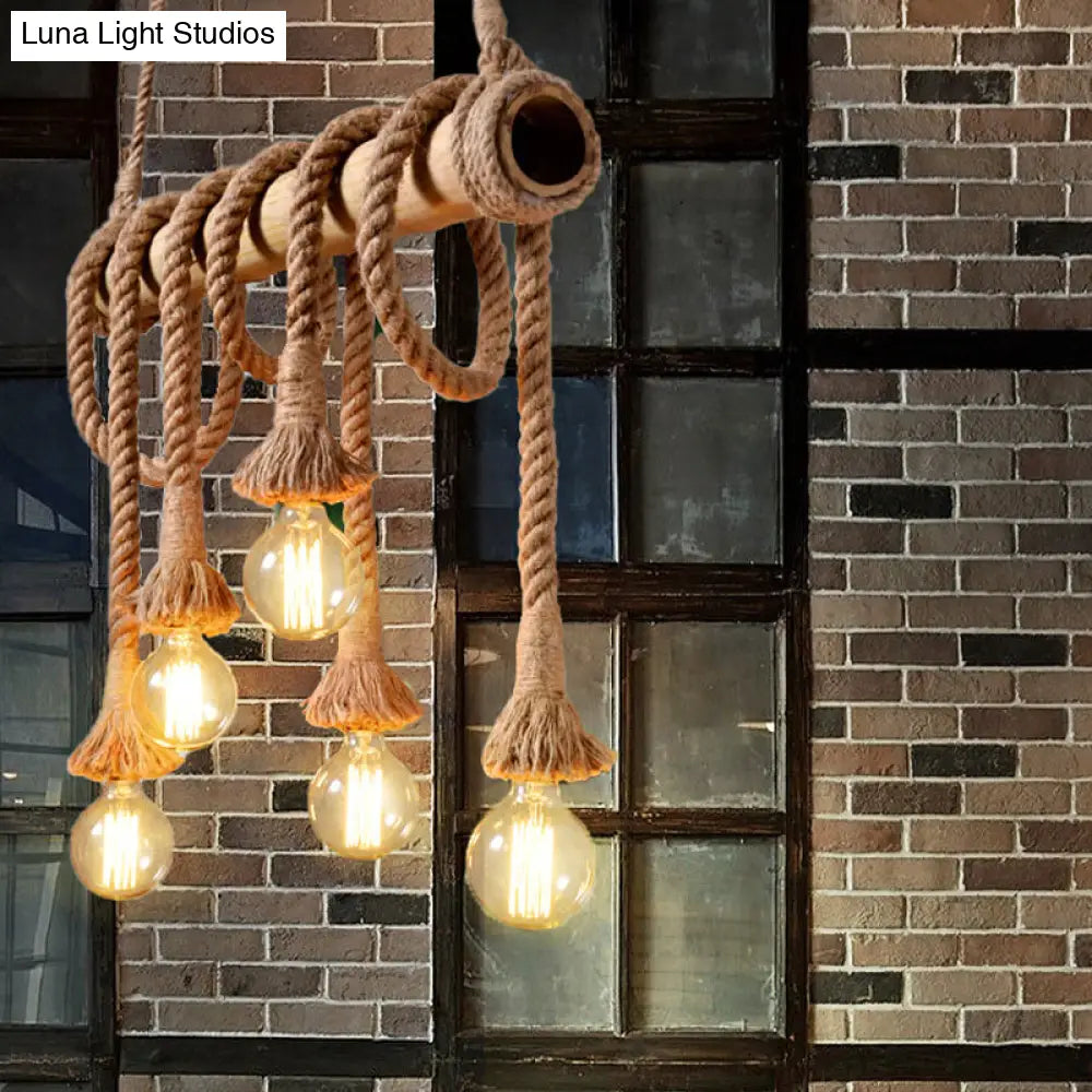 Lodge Industrial Beige Island Light With Adjustable Rope And Bamboo - 3/4 Lights Open Bulb