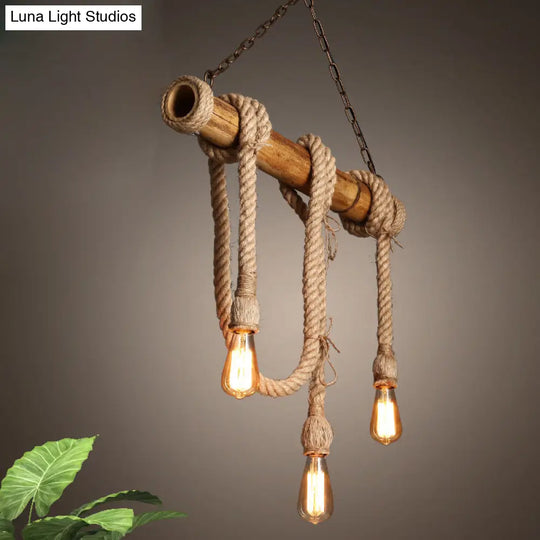 Lodge Industrial Beige Island Light With Adjustable Rope And Bamboo - 3/4 Lights Open Bulb