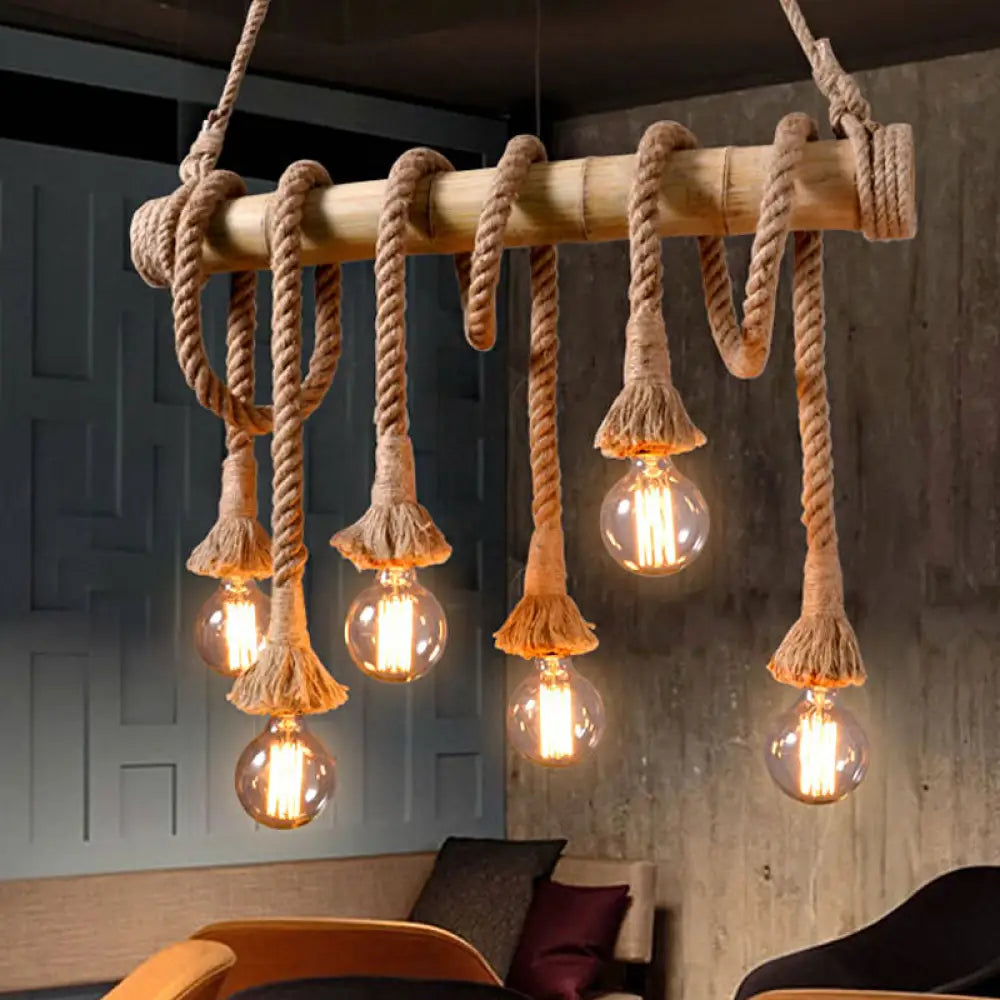 Lodge Industrial Beige Island Light With Adjustable Rope And Bamboo - 3/4 Lights Open Bulb 6 / A