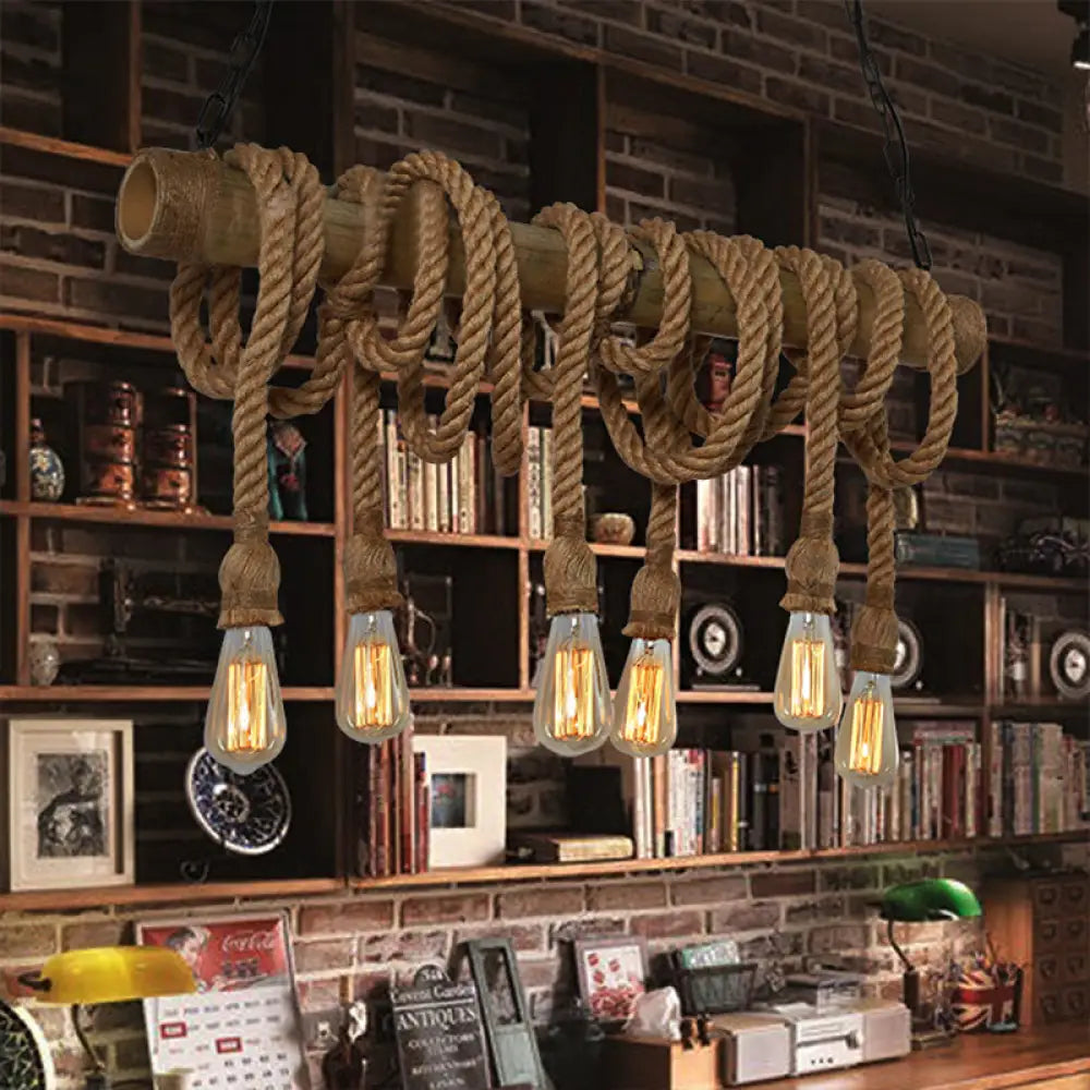 Lodge Industrial Beige Island Light With Adjustable Rope And Bamboo - 3/4 Lights Open Bulb 6 / B