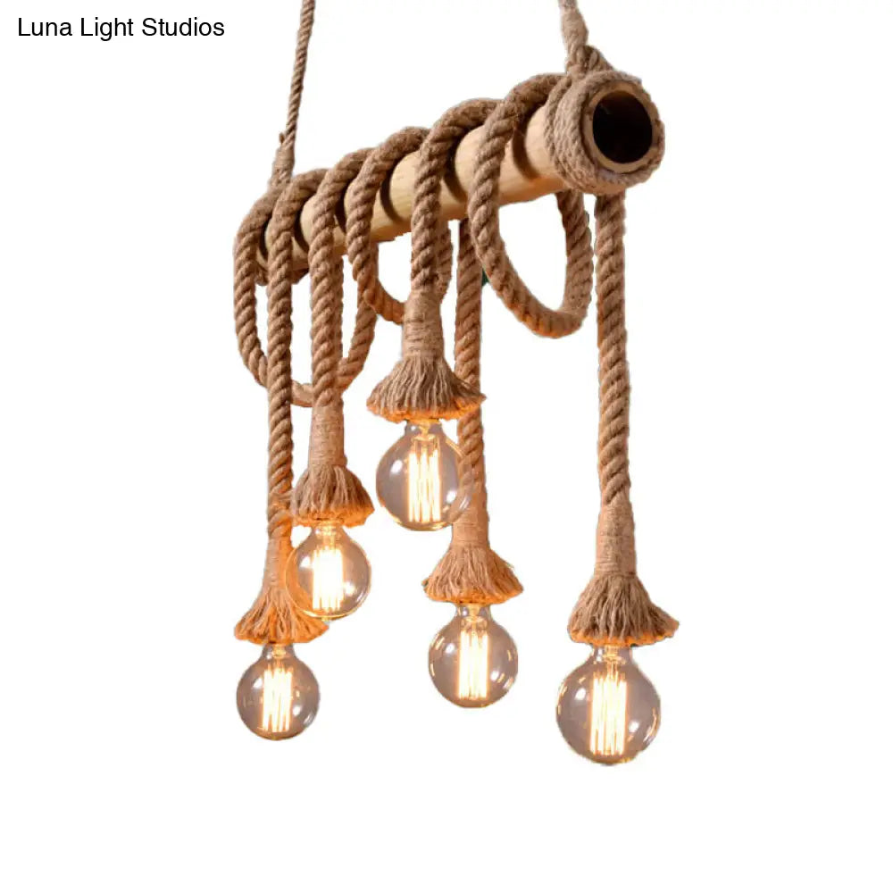 Lodge Industrial Beige Island Light With Adjustable Rope And Bamboo - 3/4 Lights Open Bulb