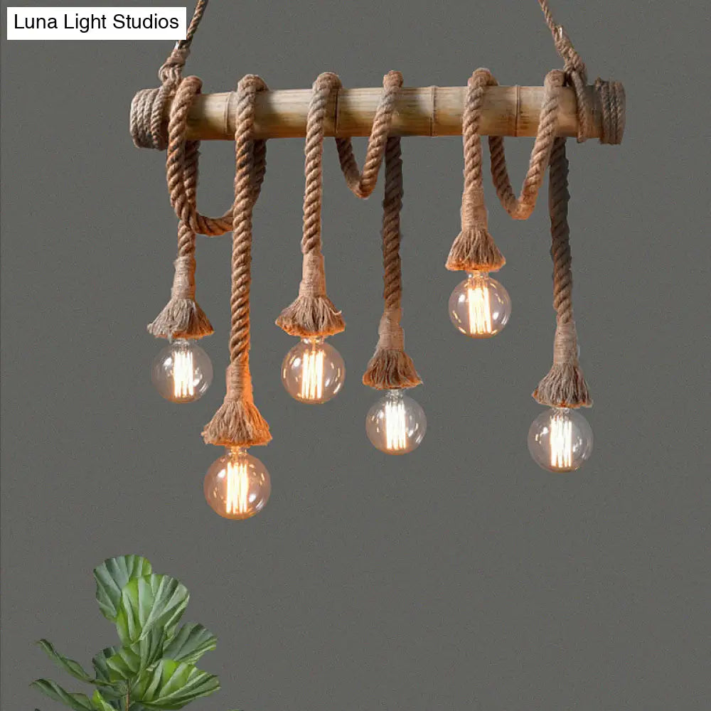 Lodge Industrial Beige Island Light With Adjustable Rope And Bamboo - 3/4 Lights Open Bulb