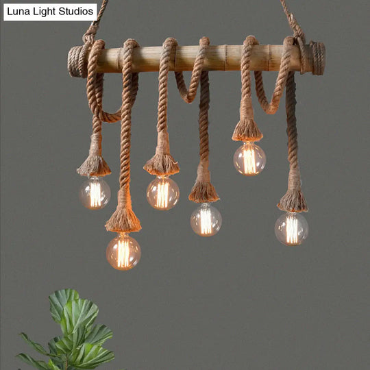 Lodge Industrial Beige Island Light With Adjustable Rope And Bamboo - 3/4 Lights Open Bulb