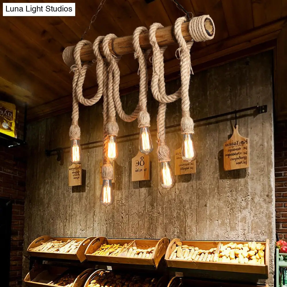 Lodge Industrial Beige Island Light With Adjustable Rope And Bamboo - 3/4 Lights Open Bulb