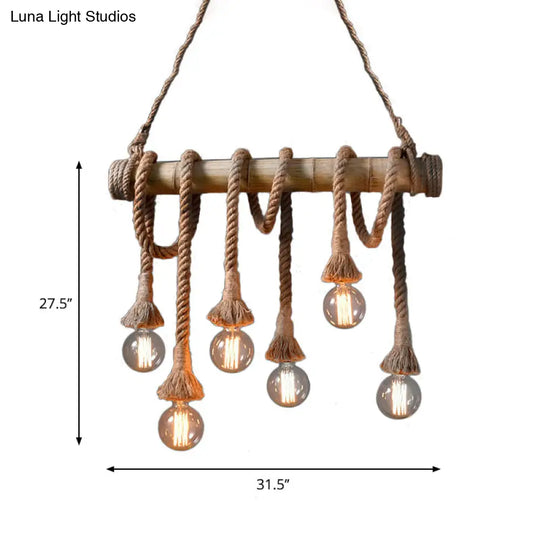 Lodge Industrial Beige Island Light With Adjustable Rope And Bamboo - 3/4 Lights Open Bulb