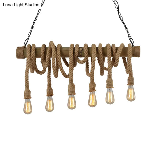 Lodge Industrial Beige Island Light With Adjustable Rope And Bamboo - 3/4 Lights Open Bulb