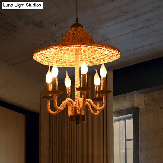 Lodge Jute Rope Ceiling Chandelier With Bamboo-Woven Hat Top - 6/7 Bulbs Brown Hanging Lamp