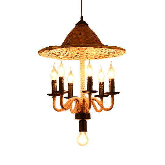 Lodge Jute Rope Ceiling Chandelier With Bamboo-Woven Hat Top - 6/7 Bulbs Brown Hanging Lamp 7 /