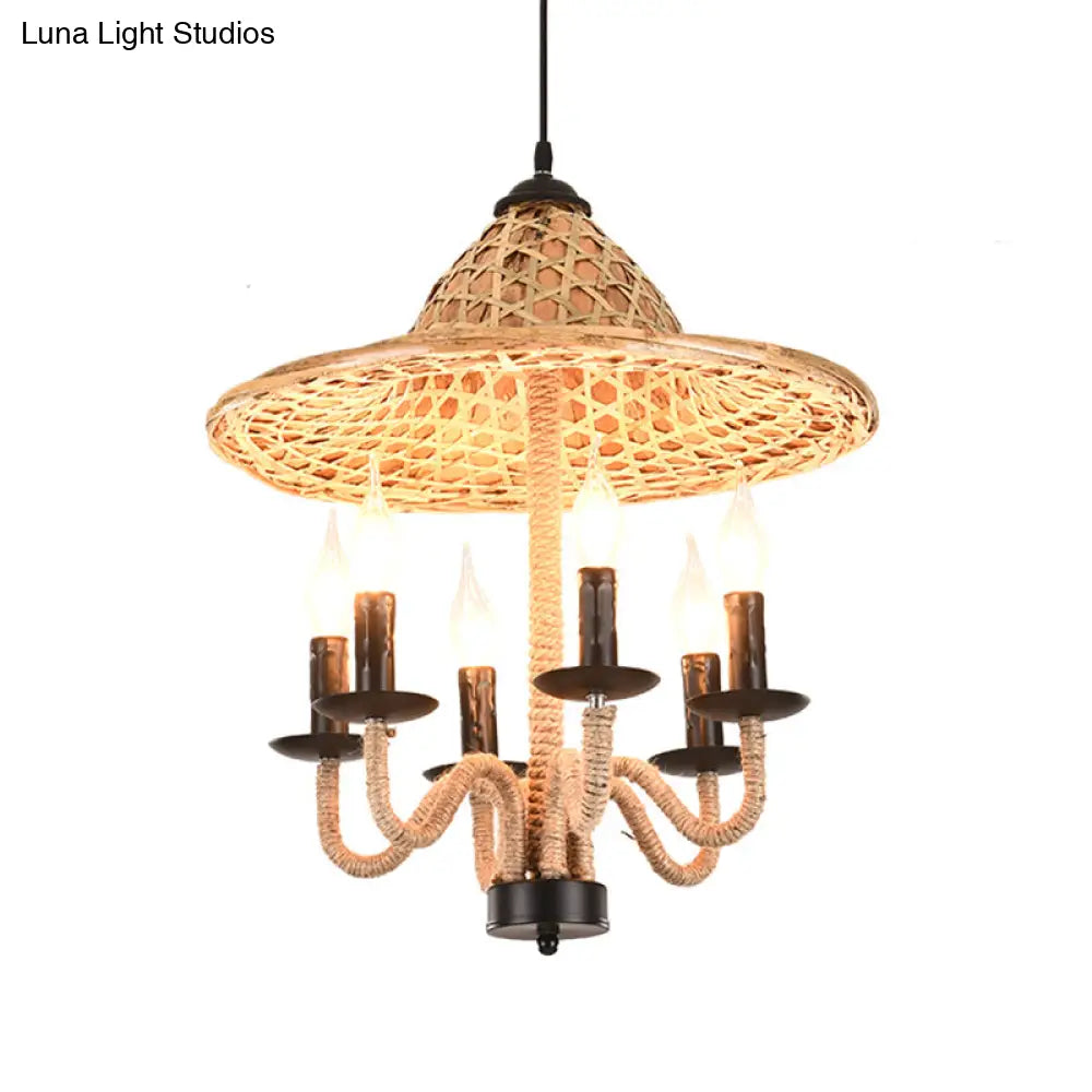 Lodge Jute Rope Ceiling Chandelier With Bamboo-Woven Hat Top - 6/7 Bulbs Brown Hanging Lamp