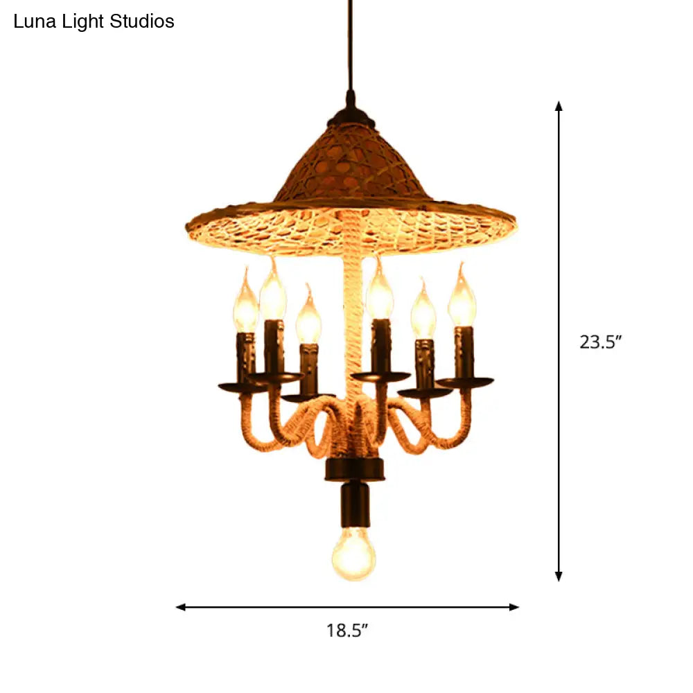 Lodge Jute Rope Ceiling Chandelier With Bamboo-Woven Hat Top - 6/7 Bulbs Brown Hanging Lamp