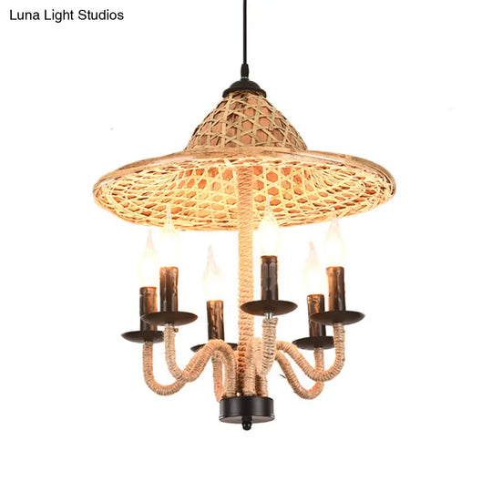 Bamboo-Woven Hat Top Bistro Ceiling Chandelier - Lodge Jute Rope Candle Style 6/7 Bulb Brown Hanging