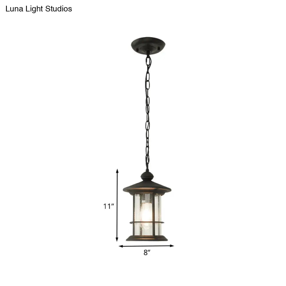 Lodge Lantern Pendant Lamp - 1-Bulb Clear Glass Ceiling Suspension Black Balcony