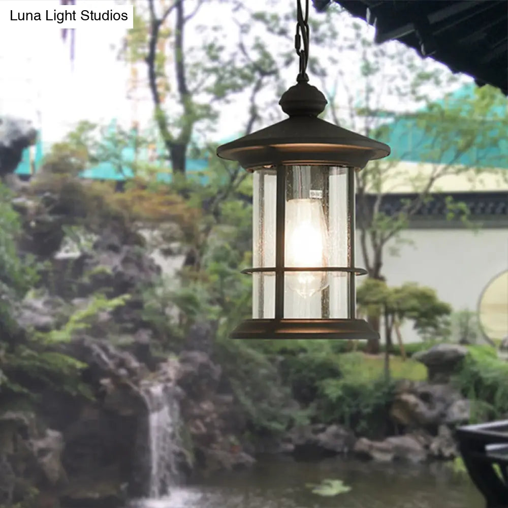 Lodge Lantern Pendant Lamp - 1-Bulb Clear Glass Ceiling Suspension Black Balcony