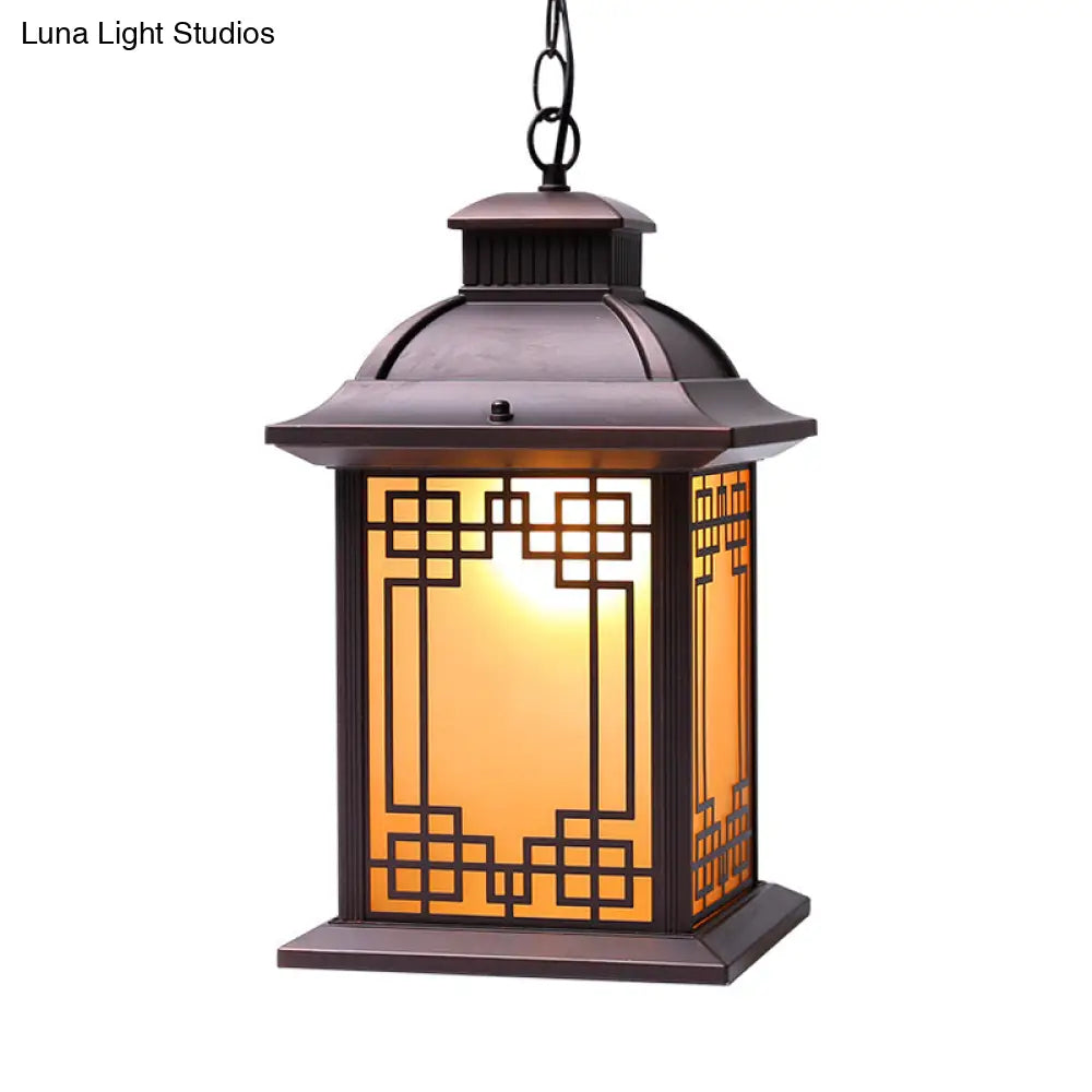 Lodge Lantern Pendant Light - Yellow Glass Down Lighting In Coffee For Outdoor Use