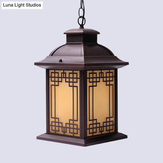 Lodge Lantern Pendant Light - Yellow Glass Down Lighting In Coffee For Outdoor Use