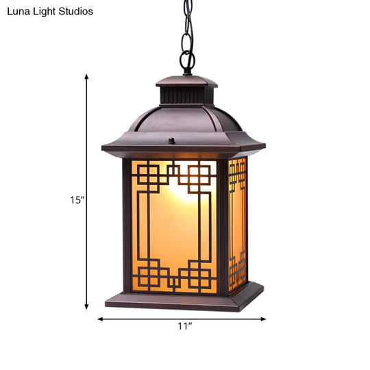 Lodge Lantern Pendant Light - Yellow Glass Down Lighting In Coffee For Outdoor Use