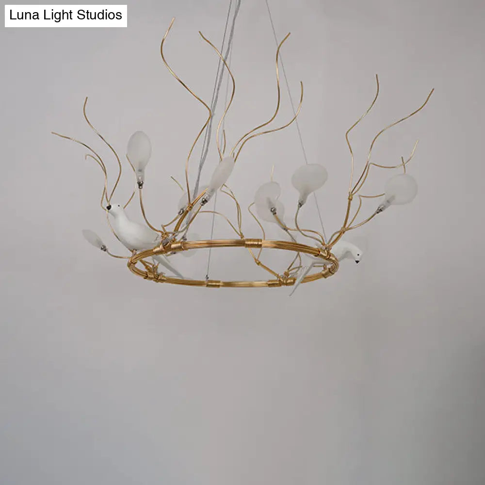 Lodge Led Gold Pendant Chandelier - Metal Ring Hanging Light With Acrylic Shade And Bird Accent