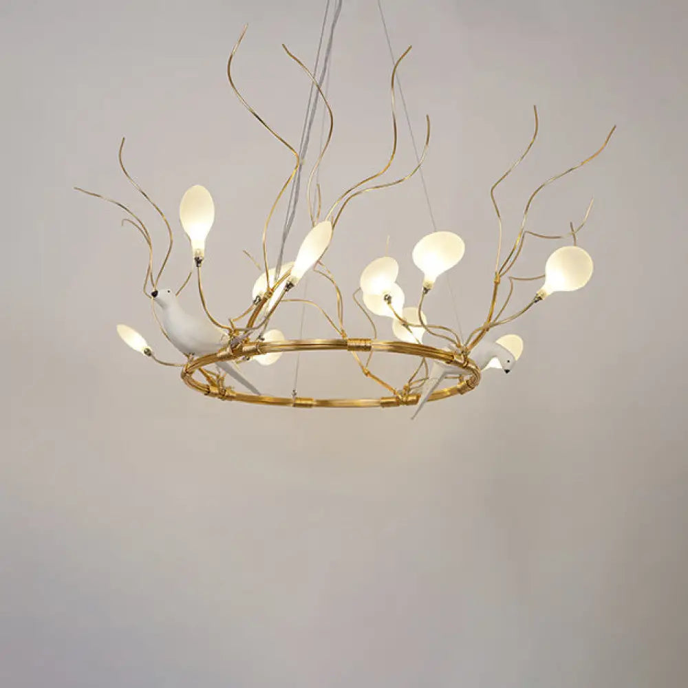 Lodge Led Gold Pendant Chandelier - Metal Ring Hanging Light With Acrylic Shade And Bird Accent