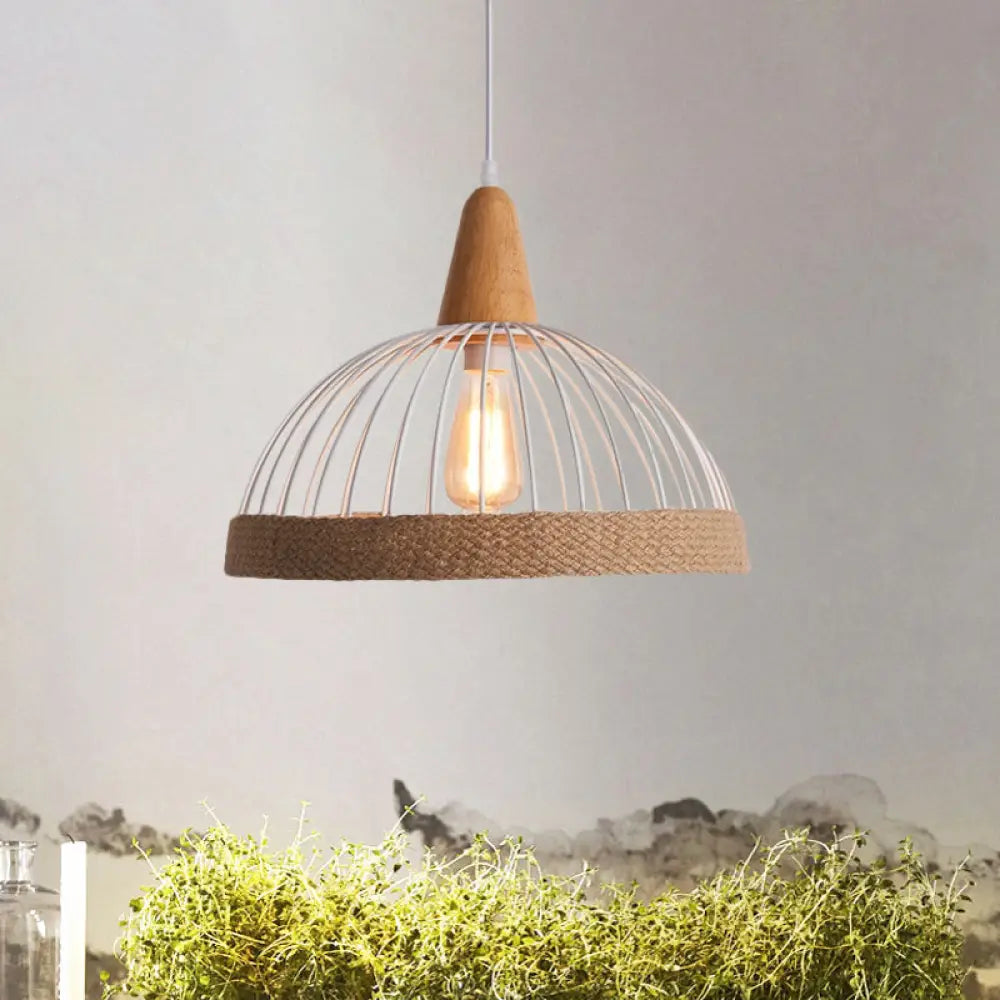 Lodge Metal And Rope Hanging Lamp With Black/White Dome Cage - 1 Light Restaurant Suspension White