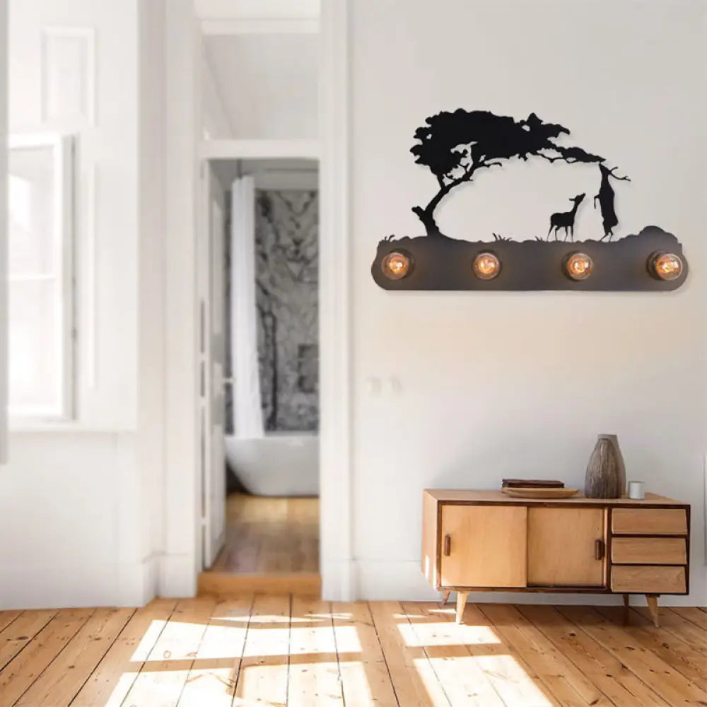 Lodge Open Bulb Wall Light With Nature-Inspired 4-Bulb Metallic Sconce In Black Indoor Use / Tree