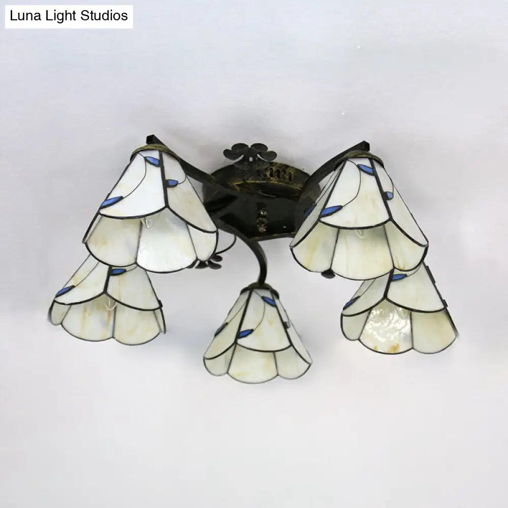 Lodge Semi Flushmount With Stained Glass Cone Shade - 5 Clear/Blue/Beige Lights For Stairway