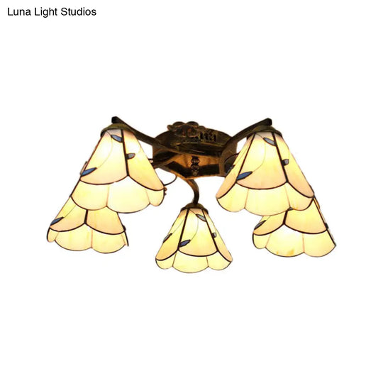 Lodge Style Clear/Blue/Beige Stained Glass Semi Flush Mount Light With Cone Shade - 5 Lights For