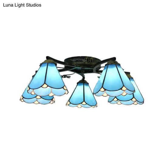 Lodge Style Clear/Blue/Beige Stained Glass Semi Flush Mount Light With Cone Shade - 5 Lights For