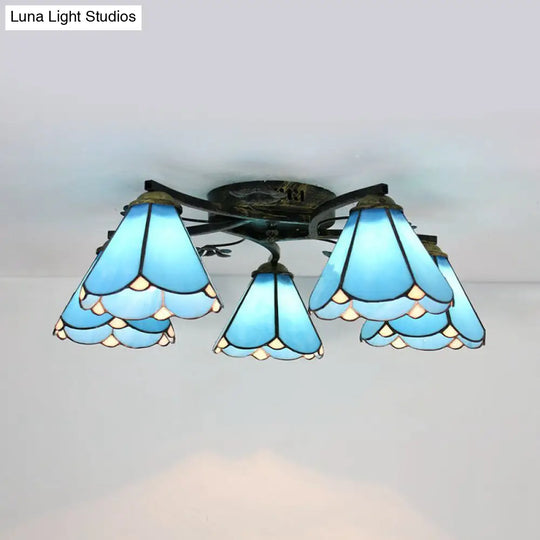 Lodge Style Clear/Blue/Beige Stained Glass Semi Flush Mount Light With Cone Shade - 5 Lights For