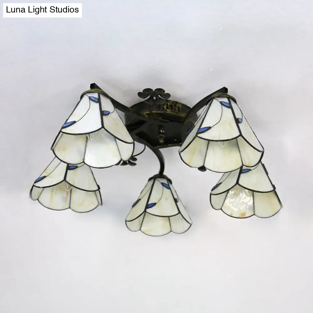 Lodge Style Clear/Blue/Beige Stained Glass Semi Flush Mount Light With Cone Shade - 5 Lights For