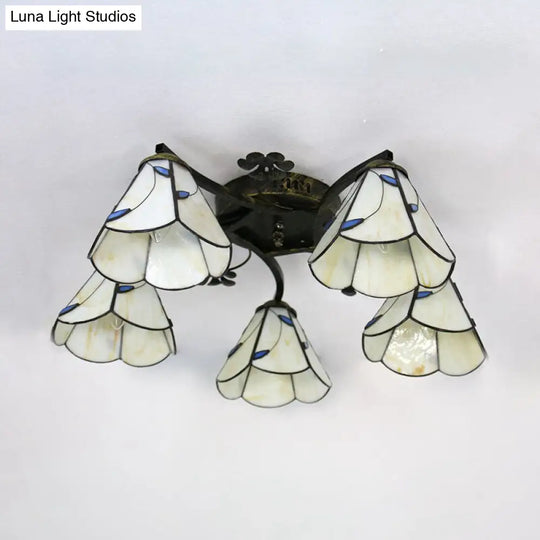 Lodge Style Clear/Blue/Beige Stained Glass Semi Flush Mount Light With Cone Shade - 5 Lights For